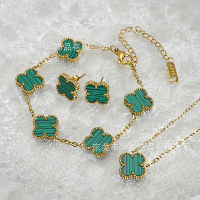 13mm Stainless Steel Clover Jewelry Set Necklace Bracelet Earrings Women Fashion Floral