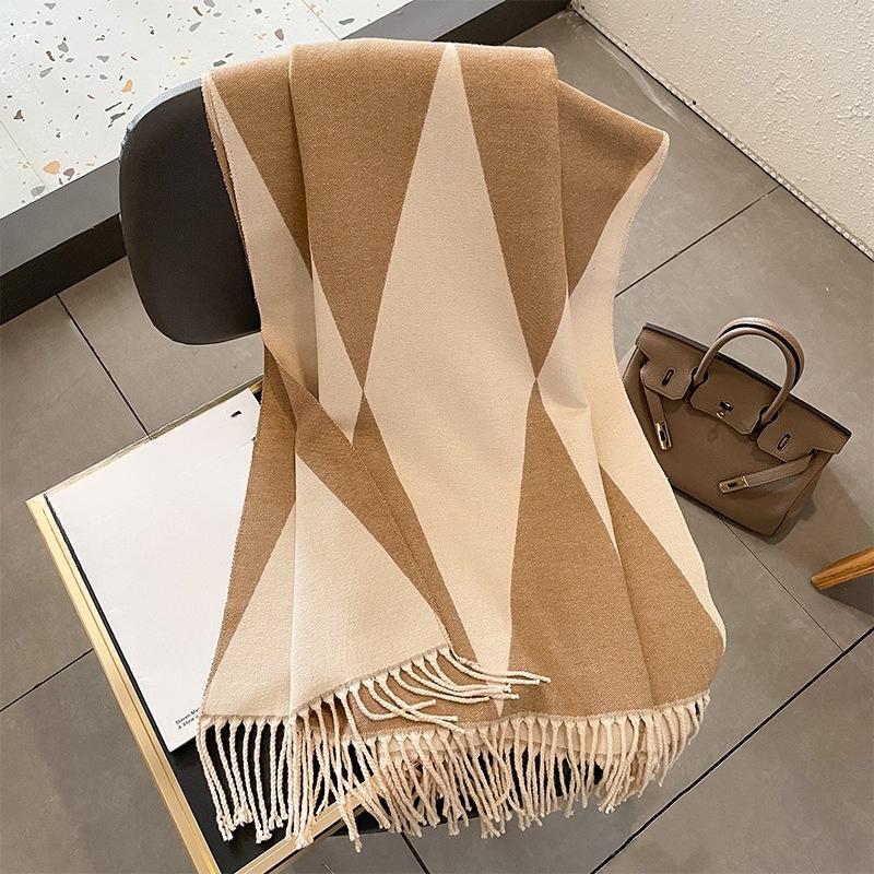 Autumn and Winter New Korean Style Versatile Geometric Rhombus Imitation Cashmere Jacquard Scarf for Women Thickened Tassel Shawl Scarf