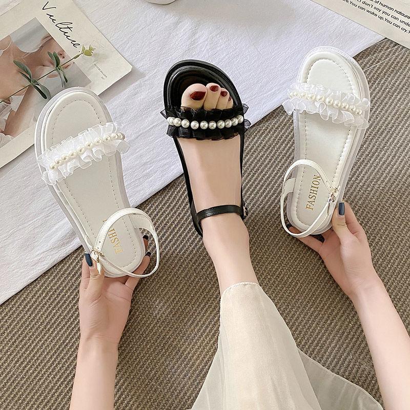 Outdoor Pearl Platform Round Toe Tip Women's Sandals 2025 Luxury Casual Pvc Low Price Korea Sandal Trending Vintage Ladies Shoes