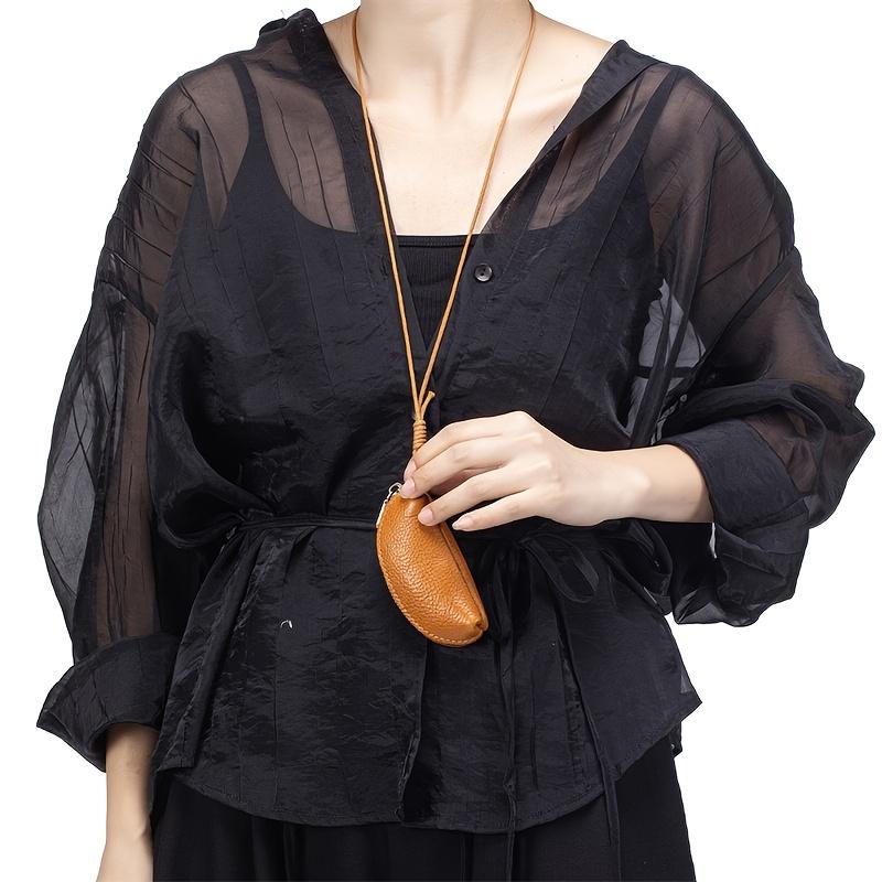 Women's Vintage Mini Hanging Neck Bag - Zippered Organizer Purse with Cord, Top Grain Cowhide Leather - Compact Makeup, Coin, Key, Earphone Case