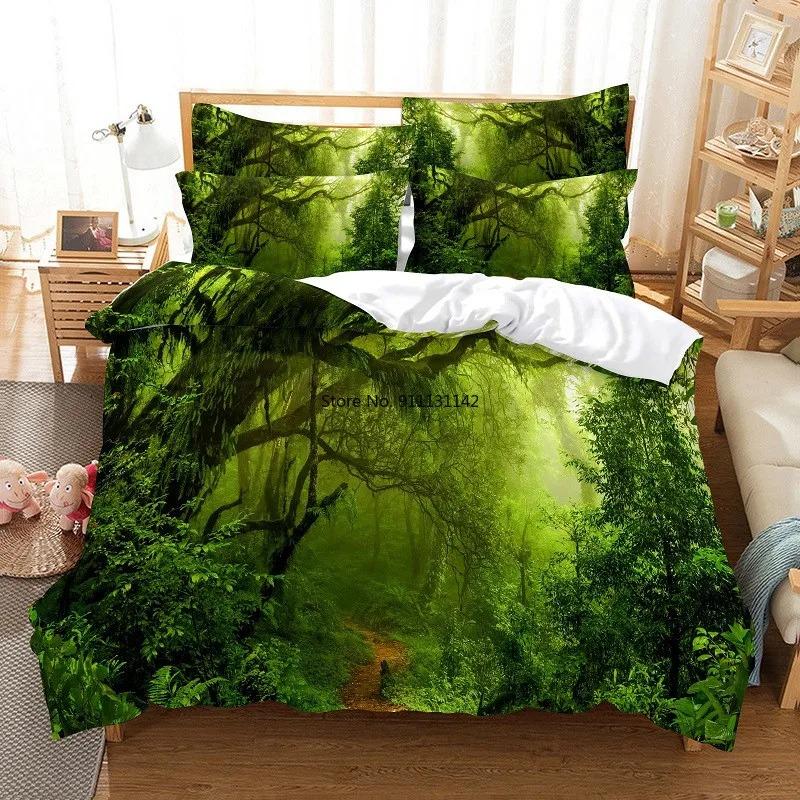 Modernes Bettwäscheset mit digitaler Waldlandschaft und 3D-Modedesign, Daunenbettbezug und Kissenbezug, 2–3-teilig, Heimtextilien