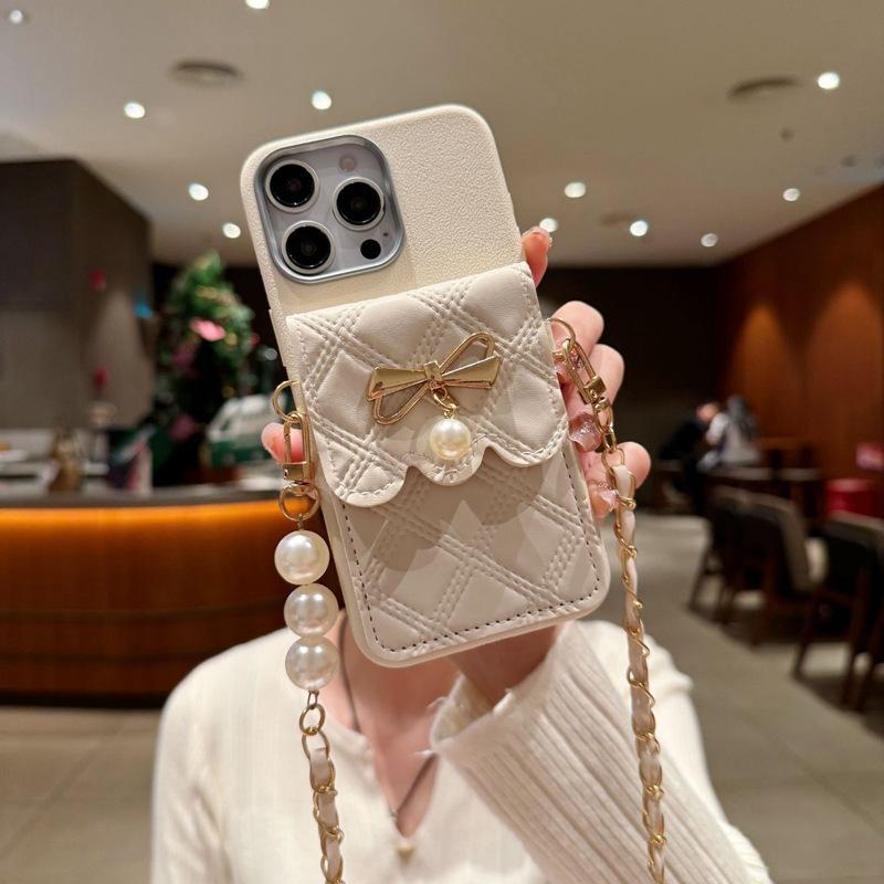 European and American Style for OPPO Reno13 Mobile Phone Case Luxury Pearl Pendant Card Bag A78 Crossbody Strap Leather Pattern