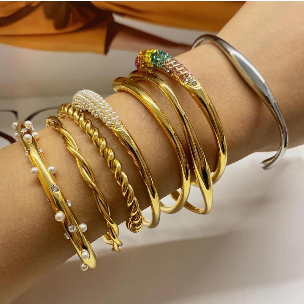 18K Gold Plated Titanium Steel Multi-Layer Diamond & Pearl Women's Bracelet