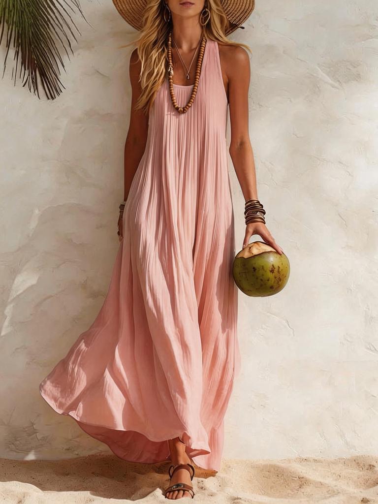 Women Halter Neck Sleeveless Maxi Dress Casual Solid Color Pleated Beach Dress