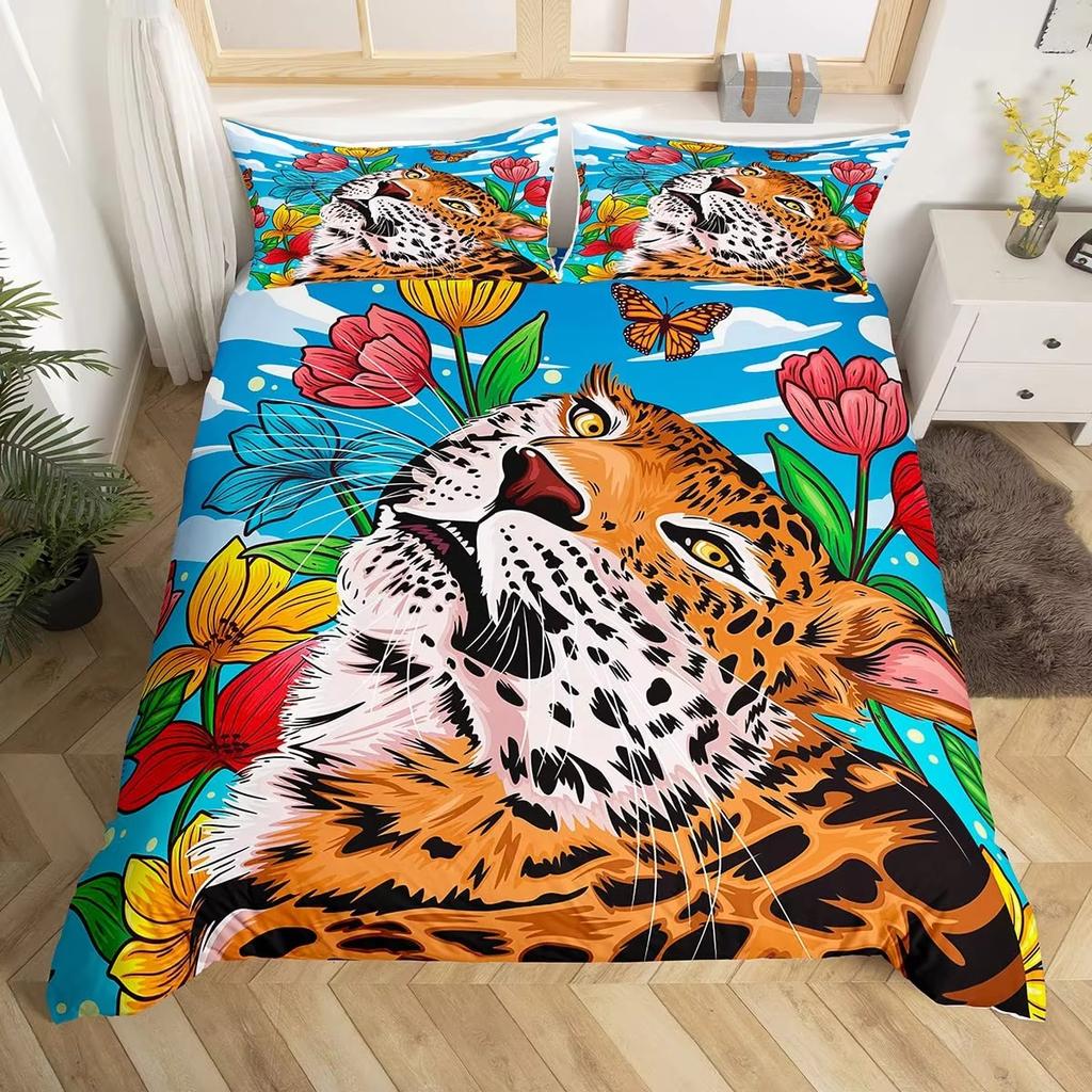Cartoon Tiger Duvet Cover Set Wild Animal Theme Comforter Cover Kids Teens Adults Soft Microfiber Polyester Bedding Set 2/3 Pcs
