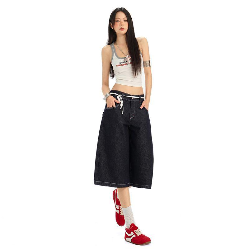 Trendy Dark Blue High Waist Loose Wide Leg Straight Cropped Capri Denim Pants For Women Versatile Slimming FigureFlattering Casual Capri Trousers