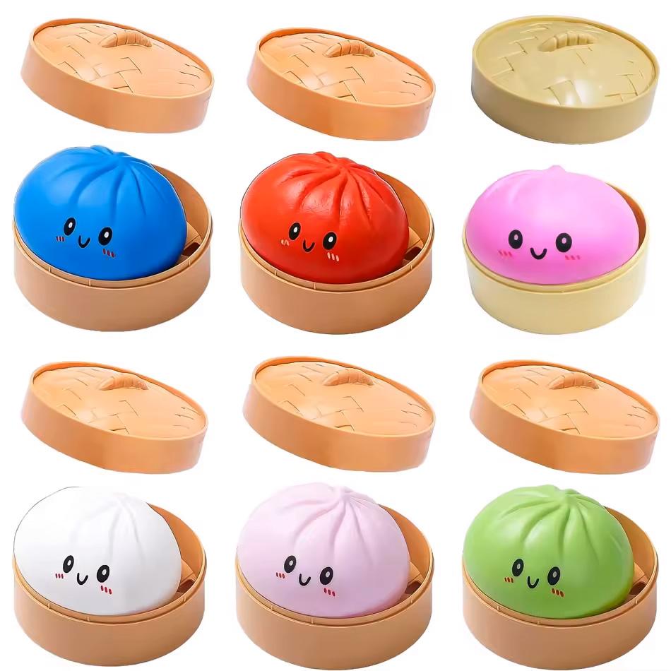 Realistic Giant Dumpling Squeeze Toy with Bamboo Steamer Box Soft TPR Dough Ball Fidget Toy