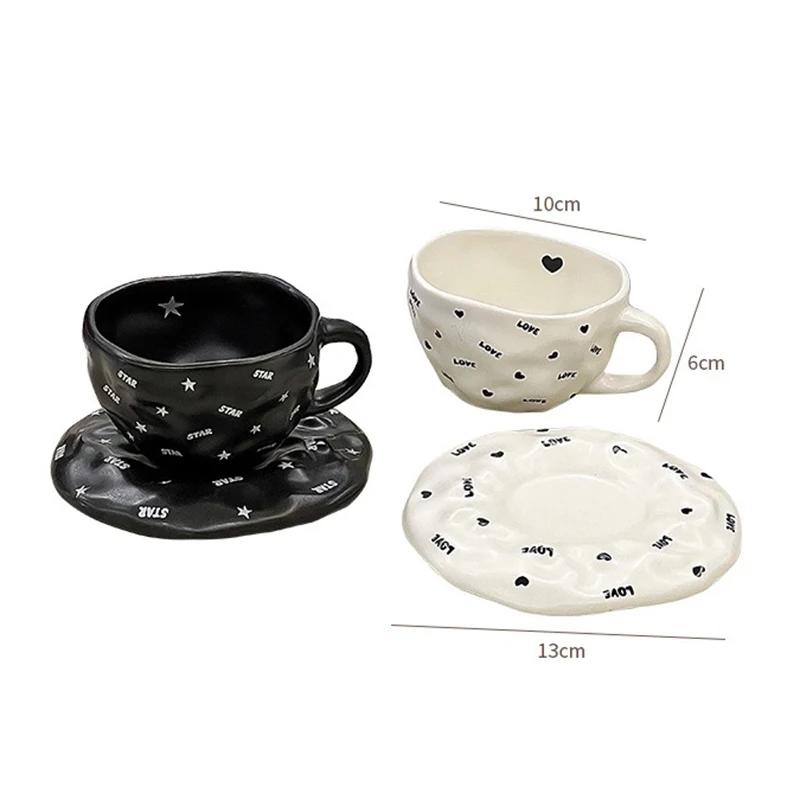 Nordic Style Hand Pinched Irregular Ceramic Mugs Coffee Cup Dessert Cup with Saucers Love Pattern Exquisite Afternoon Tea Cups