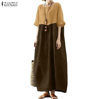 Women Casual Round Neck Half Sleeve Patchwork Long Dress