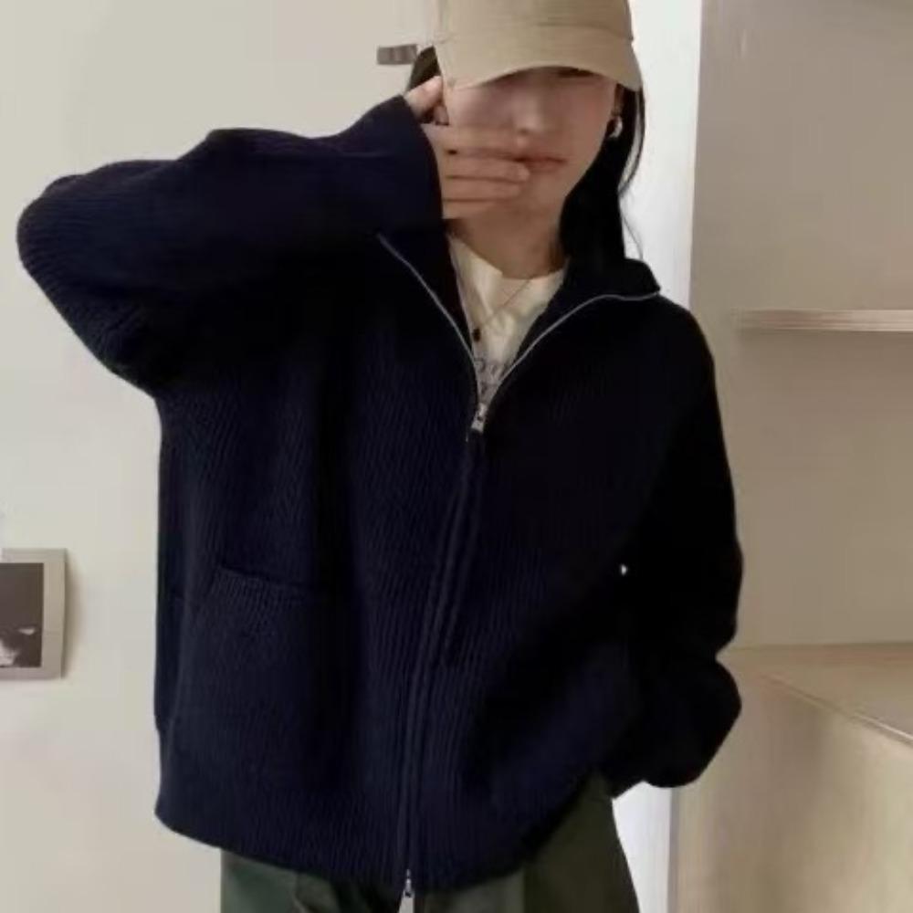 

Новый осенне-зимний кардиган с высоким воротником, на двойной молнии, с длинными рукавами, свободного кроя, большого размера, в непринужденном стиле, вязаный свитер для женщин one size тёмно-синий