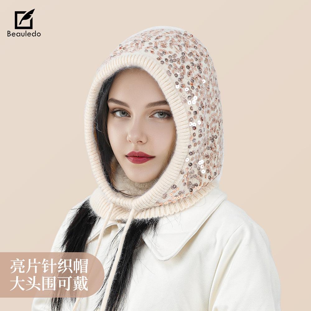 Sequined bald hat women's autumn and winter cute ear protectors lace up to show the face small wool knitted hat