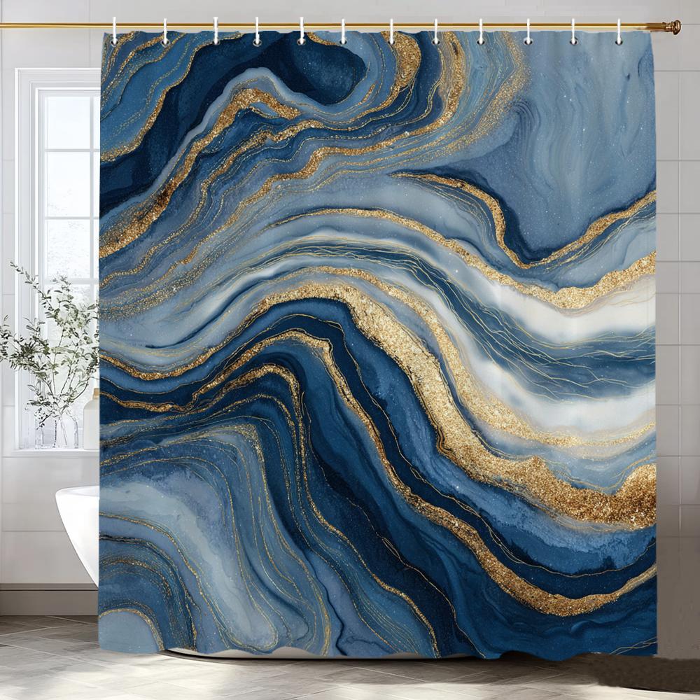 Modern Plain Black Gold Textured Marble Shower Curtain With Hooks Water Resistant For All Bathroom Styles