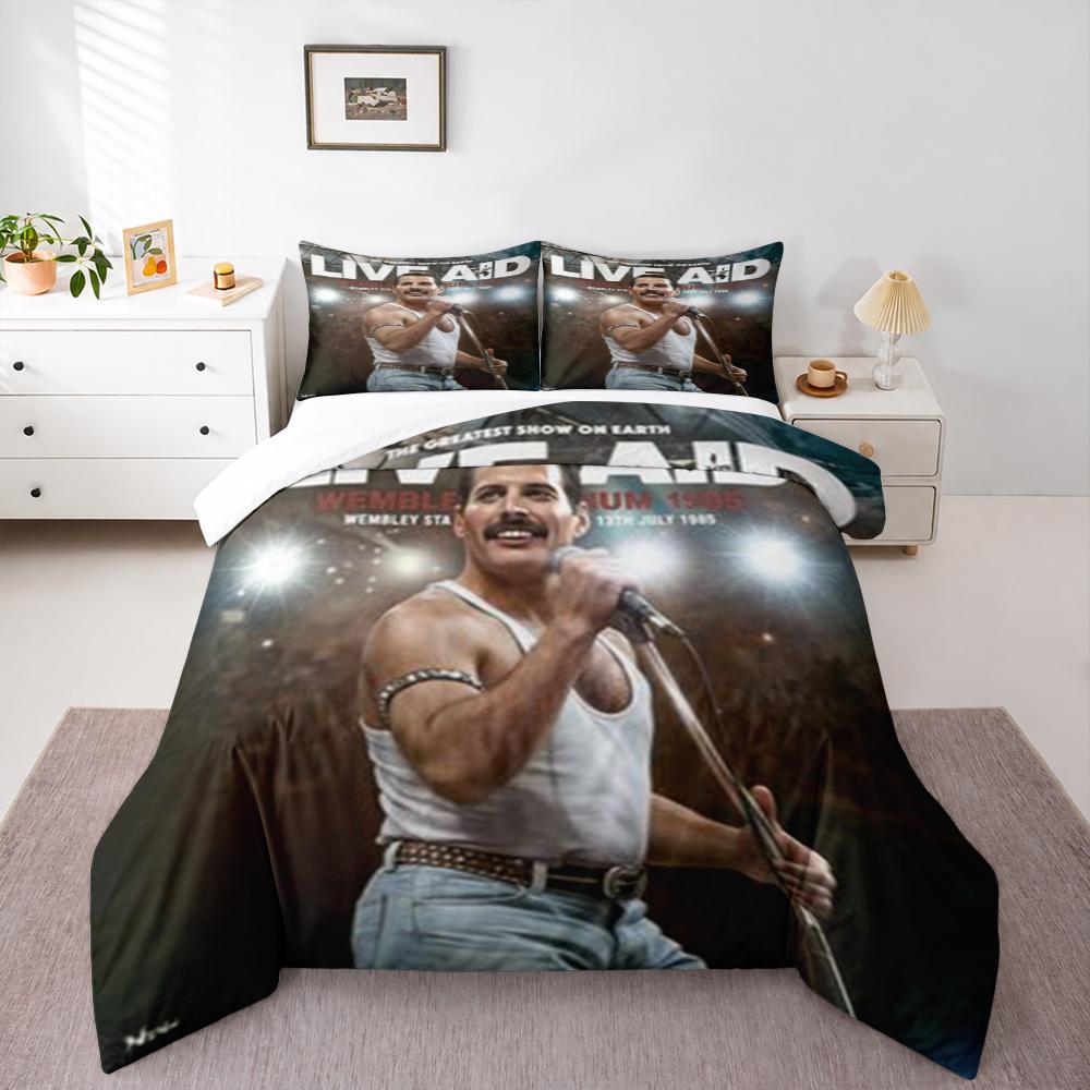 3 Piece Bedding Set with Duvet Cover and 2 Pillowcases - Freddie Mercury Live Aid 1985 Wembley Print - White Tank Music Decor for Fans