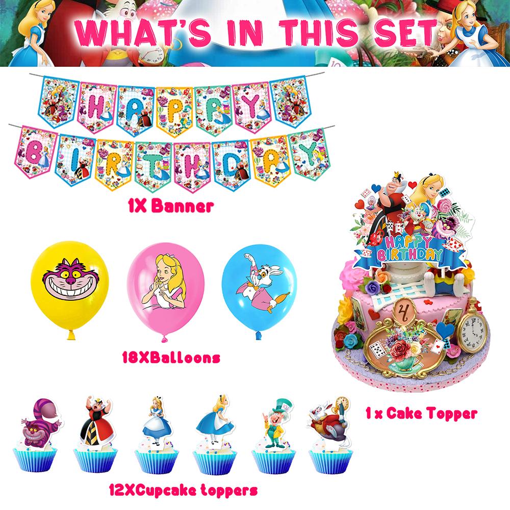 32pcs Alice In Wonderland Party Decorations Includes Cake Topper, Balloon Banner
