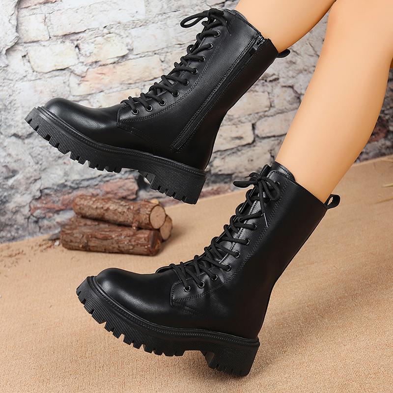 Fashion British Style Black Mid Calf Boots for Women Pu Leather Thick Heels Motorcycle Botas Mujer Autumn Winter Lace Up Boots Woman