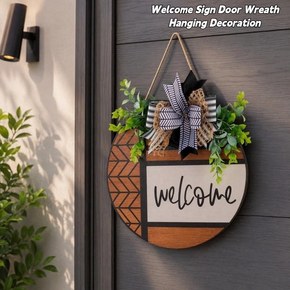 Wooden Door Wreath Artificial Plant Wall Art Creative Welcome Sign Porch Decor