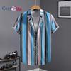 Men's Short Sleeved Shirt with Lake Blue, Black and Pink Stripe Print Shirt for Men Summer Casual Wear