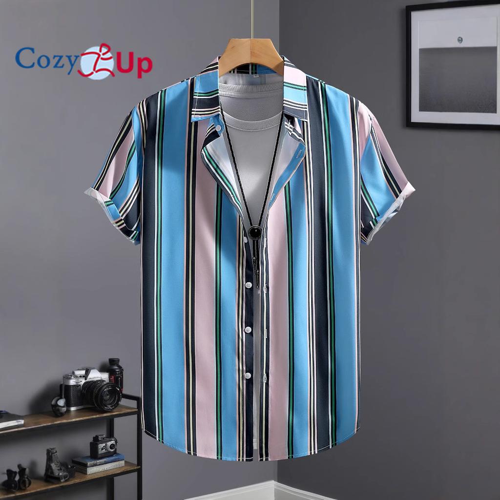 Men's Short Sleeved Shirt with Lake Blue, Black and Pink Stripe Print Shirt for Men Summer Casual Wear
