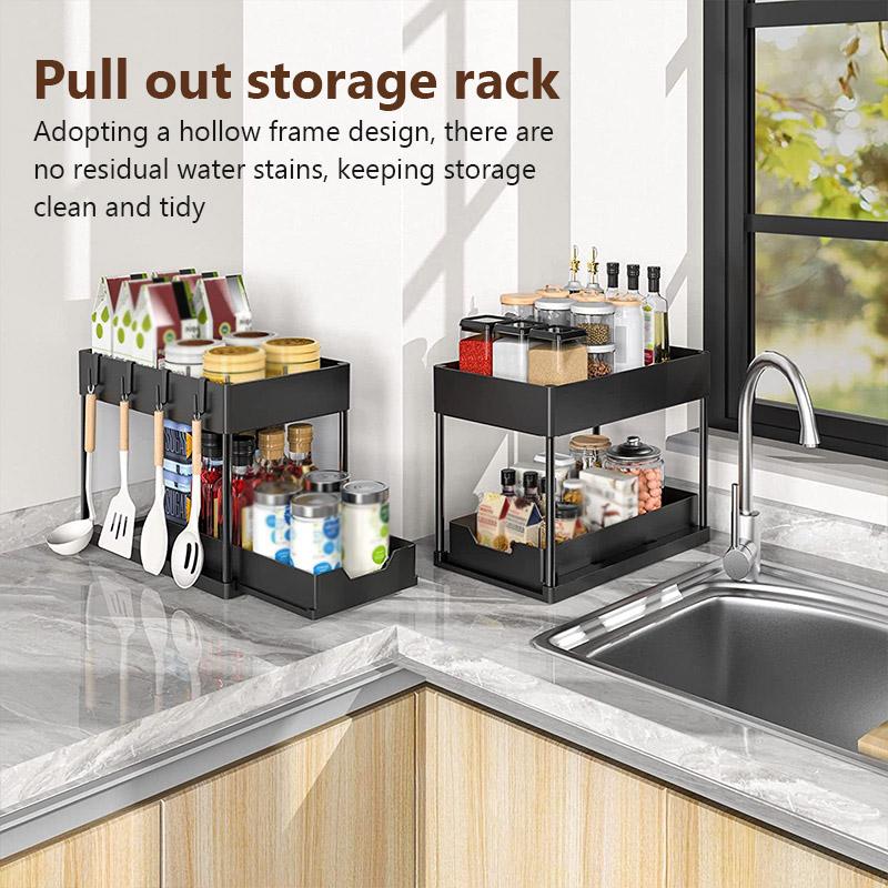Kitchen Shelf Pull Out Organiser Sliding Cabinet Basket Organizer with Hooks 2 Tier Multi-Functional Bathroom Storage Shelf