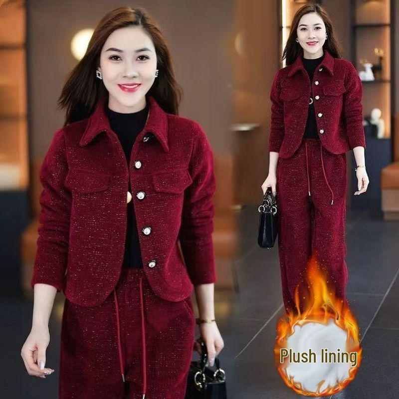 Trendy Fleece-Lined Slim Fit Women's Two-Piece Set: Autumn/Winter 2025 Jacket & Pants