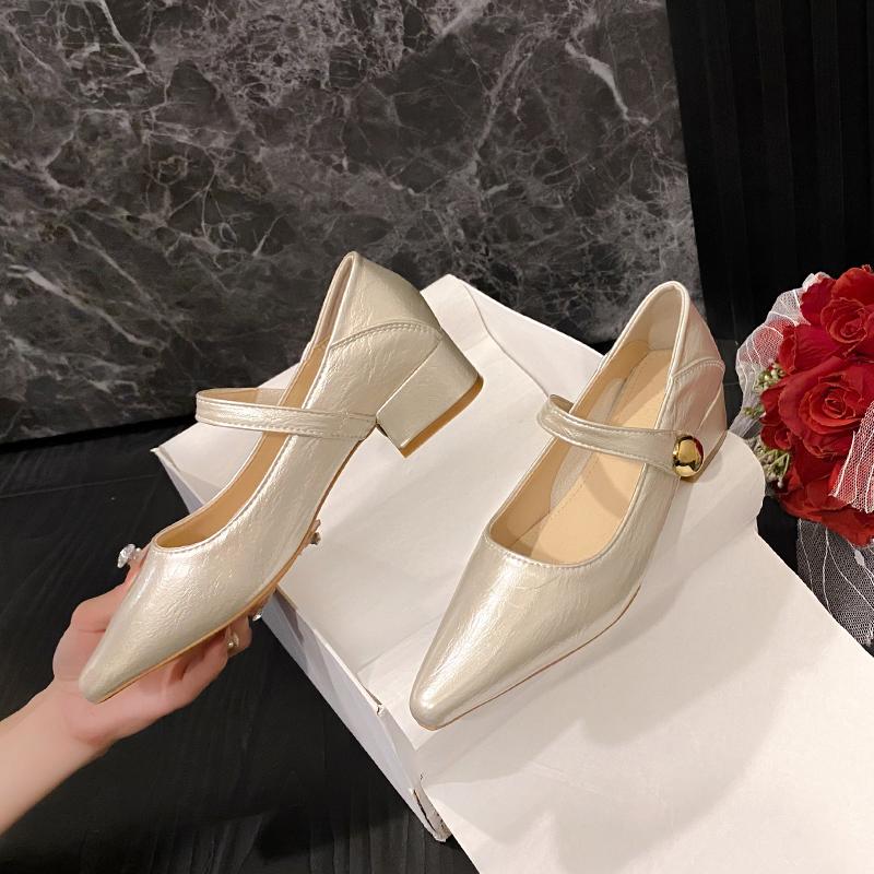 Mode 2025 Retro-Stil Damen Pumps Lässig Schnalle Damen Niedriger Absatz Klassische Schuhe Metallische Dekoration Flacher Ausschnitt Einzelne Schuhe