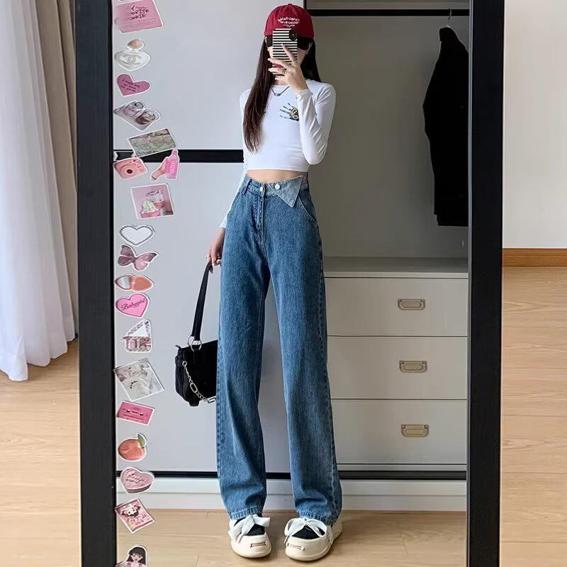 

Женские джинсы большого размера темно-синего цвета с высокой посадкой и широкими штанинами - Стройнящие, длиной до пола, прямого кроя M темно-синий