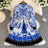 Spring Autumn Women Vintage Print Chiffon Lace Patchwork Short Party Dresses