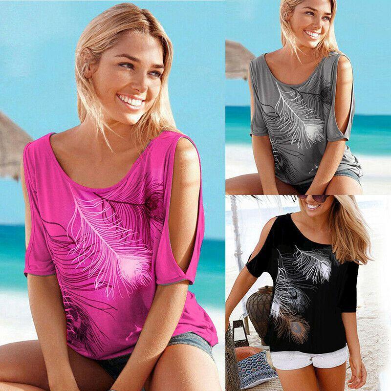 Summer Boho Women Cold Shoulder Feather Tshirt Blouse With Stylish Printing And Short Sleeve Design