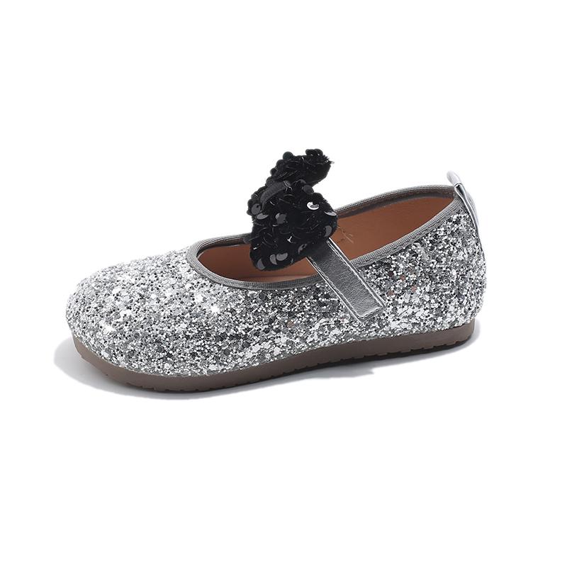 Girls Princess Shoes Shiny Sequins Big Bow Kids Flat Shoes Non-slip Soft Sole 2025 New Girls Dance Shoes Silver Round Toes Ins
