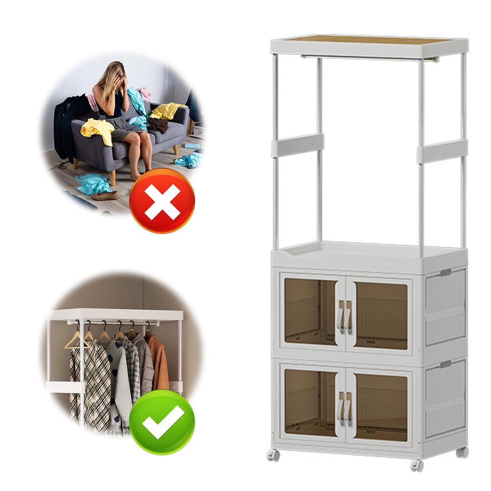 Mobile Wardrobe Portable Closet with Haging Rod & Cabinet Clothes Organizer Clothing Storage Shelf for Bedroom Living Room