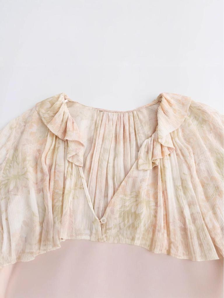 Spring Women's V-Neck Ruffle Print Chiffon Blouse with Long Sleeves