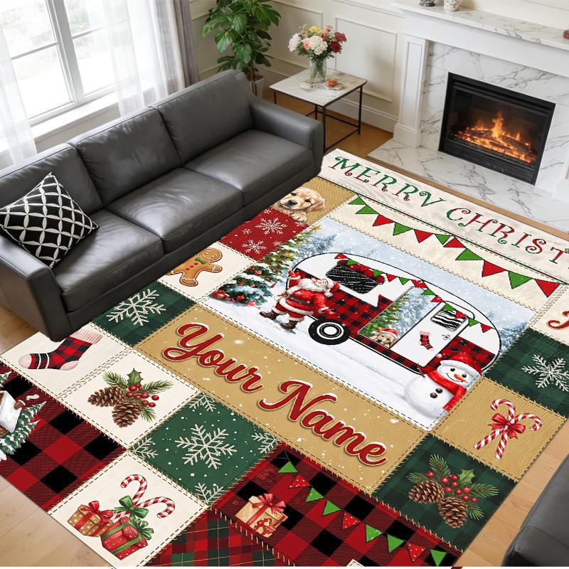 Christmas Custom Name Printed Square Area Rug Soft Non Slip Floor Carpet For Bedroom Holiday Gift