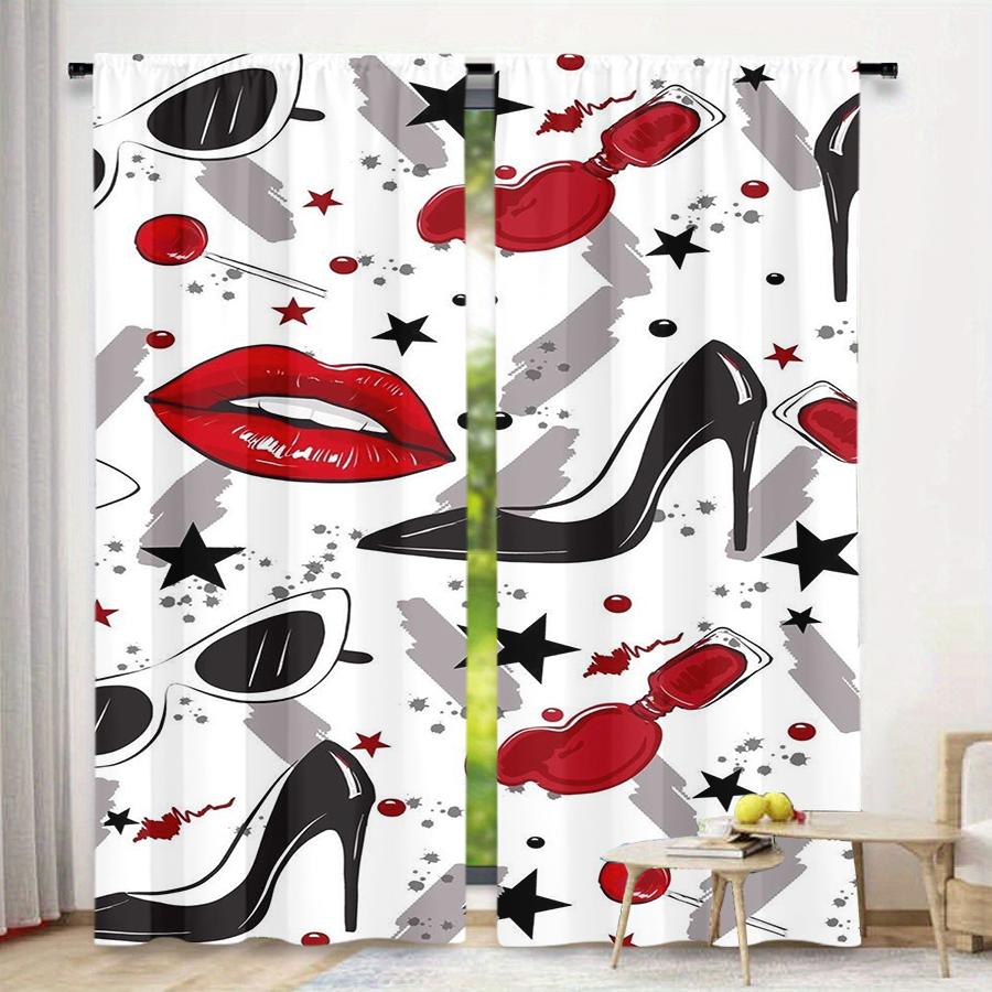 2pcs Stylish Red Lip & High Heel Curtains Fashion Glam Design Sheer Light-Filtering Fabric Bedroom Living Room Window Decor