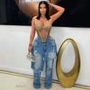 Women's Mid Rise Straight Leg Jeans Loose Fit Patchwork Distressed Denim Pants Streetwear Raw Edge Ripped Trousers