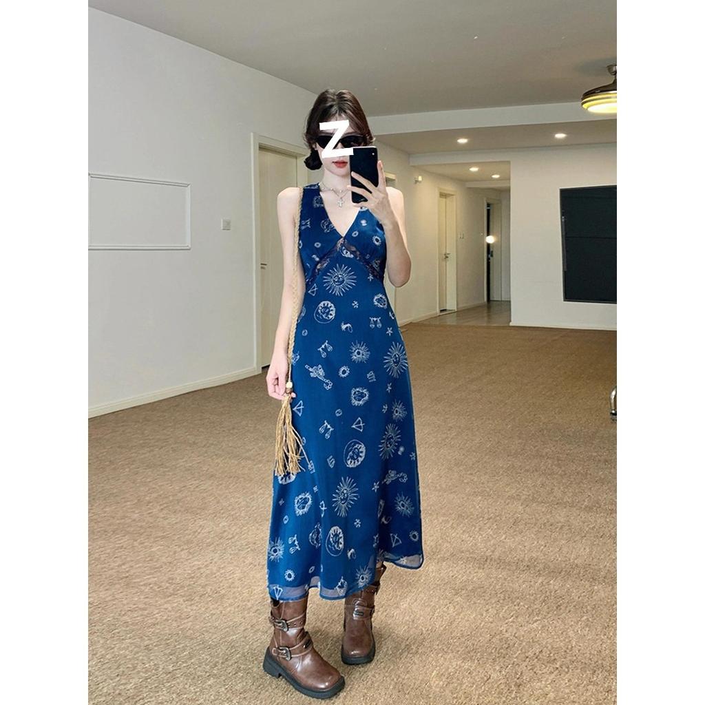 Vintage French deep v-neck vest dress women's summer printed sleeveless skirt waist thin suspender a-word long dress