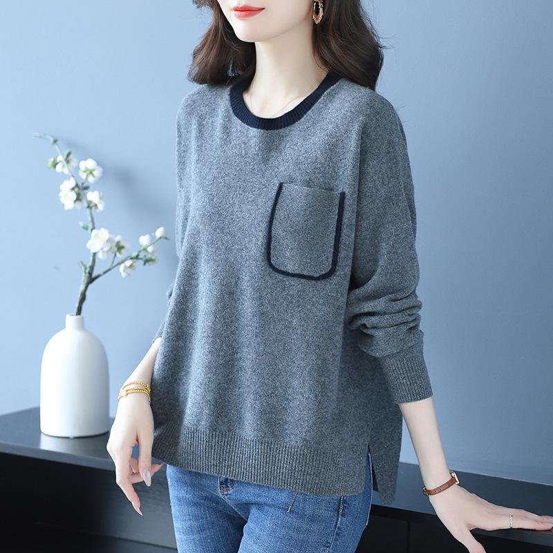 Women's Loose Pure Wool Sweater: Thickened Autumn/Winter, Round Neck, Single Pocket, Stylish Middle-Aged Mother's Knitwear.