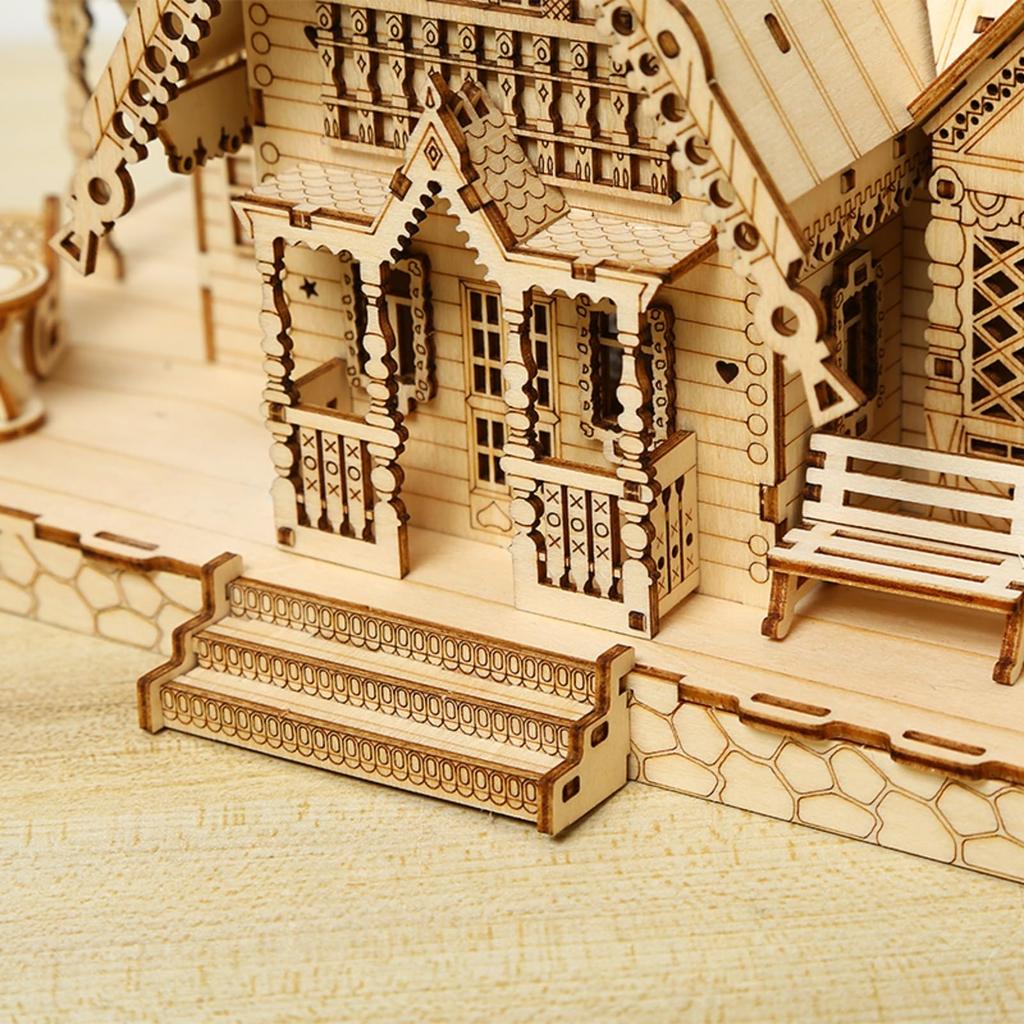 Hallisun 3D Wooden Puzzle DIY Retro Cottage Villa House with LED Light Model Assembly Kit 3D Puzzle Brain Teaser Hobby Game Toy for Adults DIY