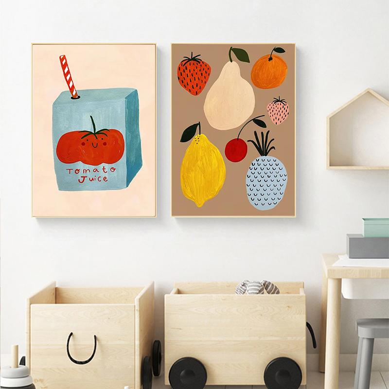 Cartoon Cute Strawberry Lemon Abstract Fruit Poster and Prints Nordic Wall Art Canvas Painting Pictures for Kids Room Home Decor