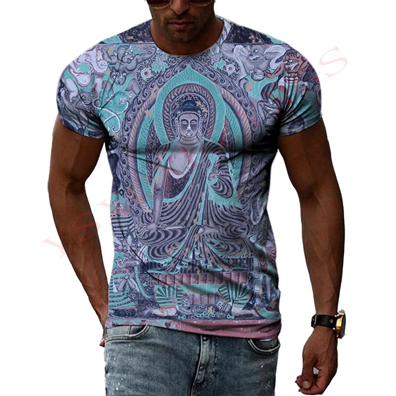 China Dunhuang Mural Graphic Shirt 3D Harajuku Print New Summer Retro Art Casual Short Sleeve Top For Men And Women Personality