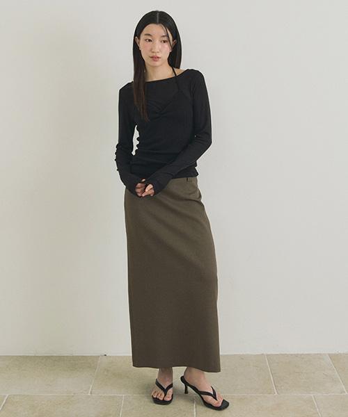 Lingseoul Basic Slit Long Skirt-Khaki Brown