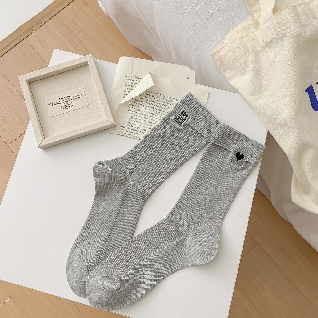 Women's Mid-Calf Socks - Autumn & Winter, European & Korean Style, Heart & Letter Embroidery, Trendy, Simple Cotton