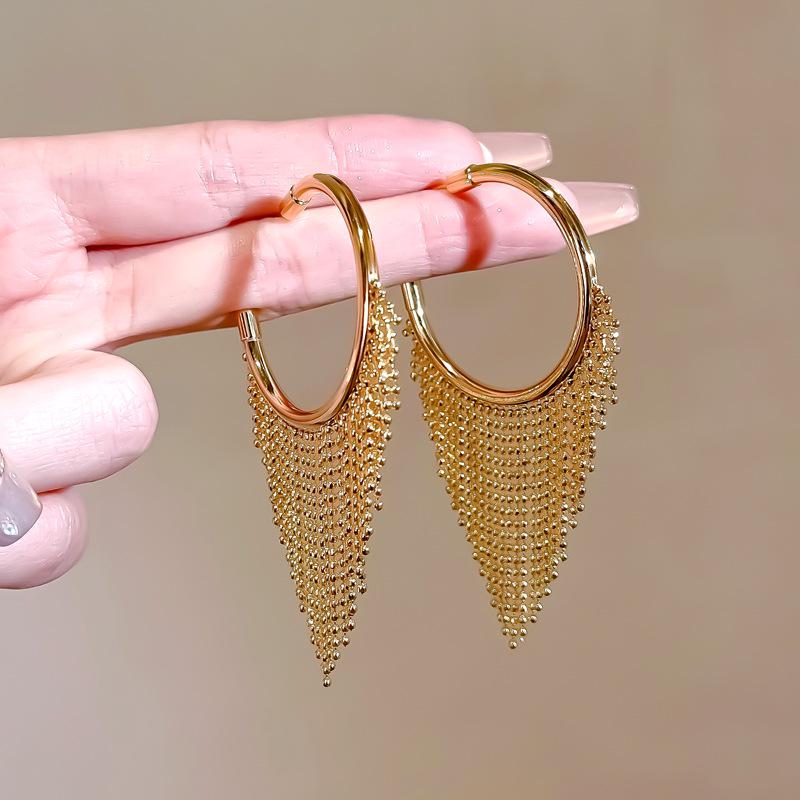 High-End European & American C-Shaped Tassel Hoop Earrings