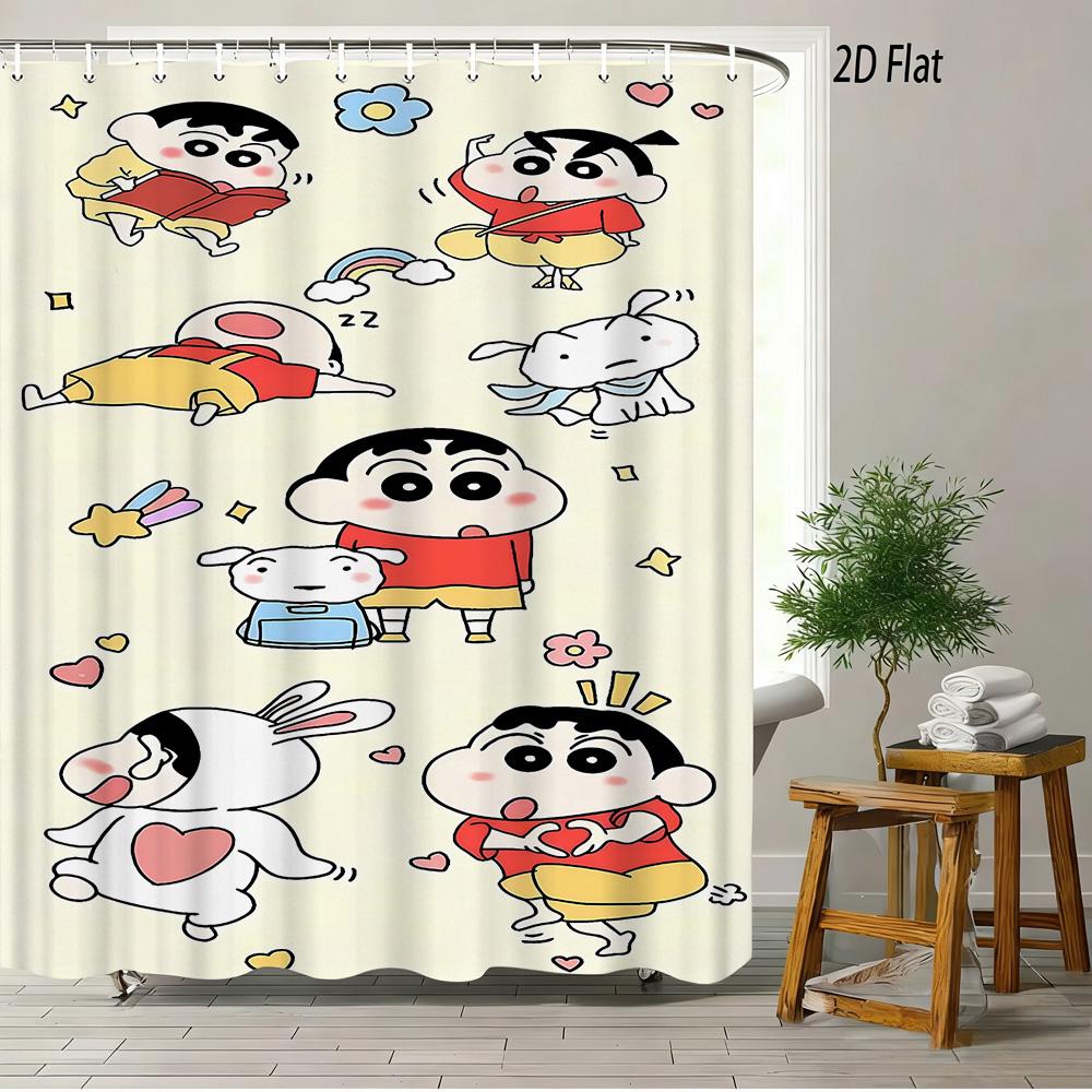 Crayon Shin-Chan & Shiro & Himawari Photo Collage Scene 2D Print Waterproof Shower Curtain, Warm Yellow Checkered With Star Acce