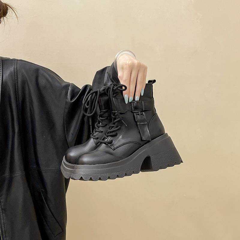 Fashion Retro Leather Boots Versatile Solid Color Platform Martin Boots Autumn and Winter British Style High-heeled Short Boots Small Fashion Boots