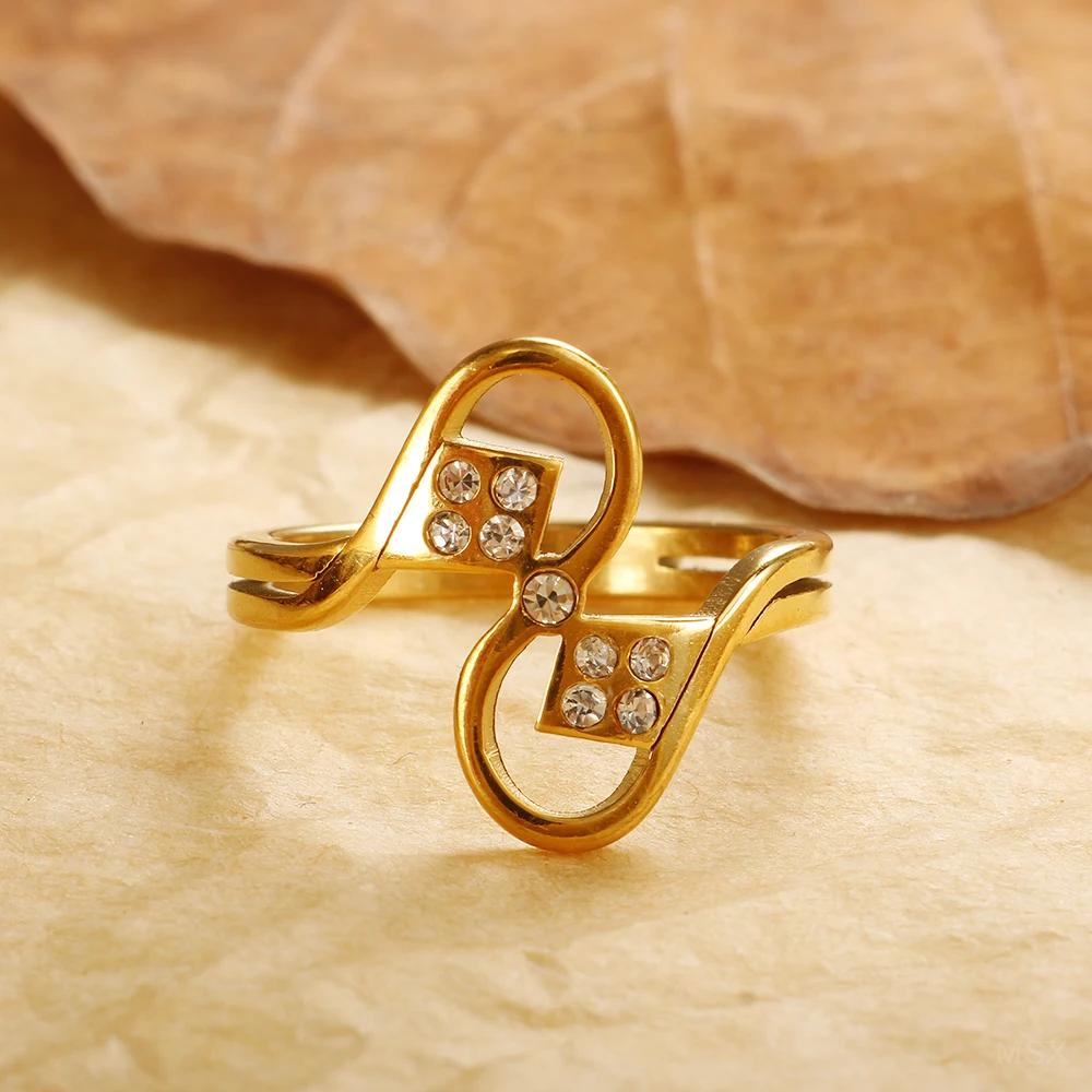 Glänzende Kristall High-End Anlaufgeschützte Mode Geometrische Offene Vergoldete Edelstahlringe für Damen Ehering Schmuck Geschenke