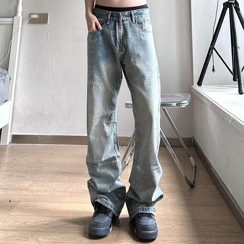 High Street Džínové Kalhoty pro muže, Retro Distressed, Volné Rovné Kalhoty, Široké Sportovní Kalhoty, Trendy