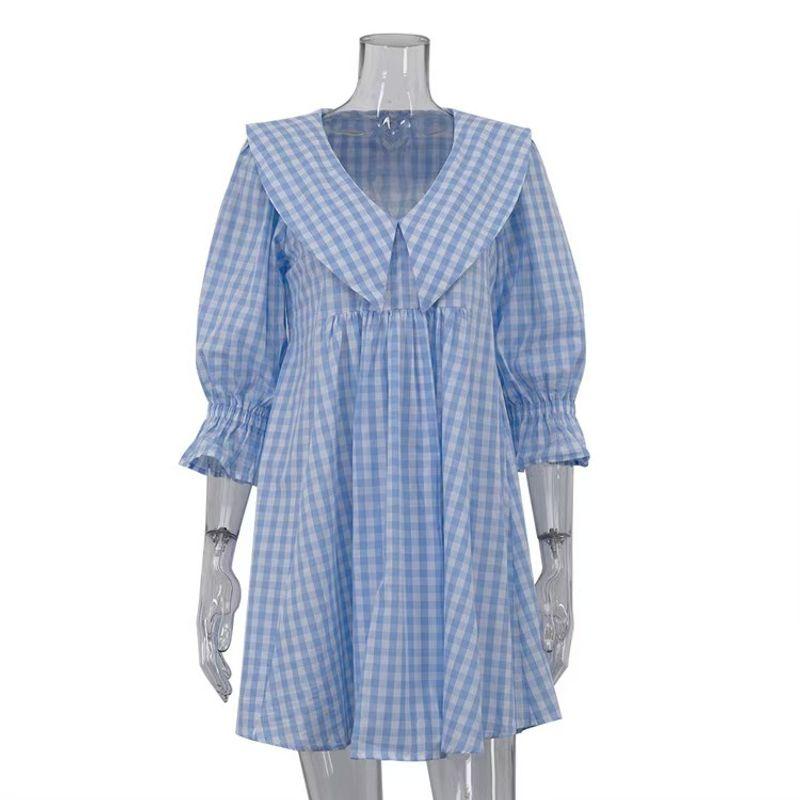 

Western Style New Five-Quarter Sleeve Plaid Doll Collar Dress Checkered Doll Collar Dress Blue S