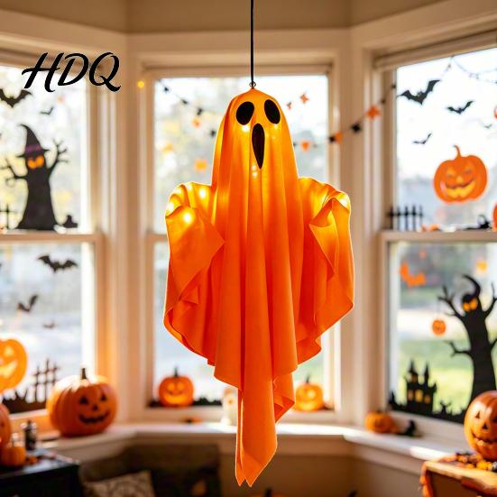 Reusable Halloween Ghost Pendant Glowing Hanging Decor, Fabric Light Up Ornament for Window Durable Prop Door, Spooky Yard Patio Decoration
