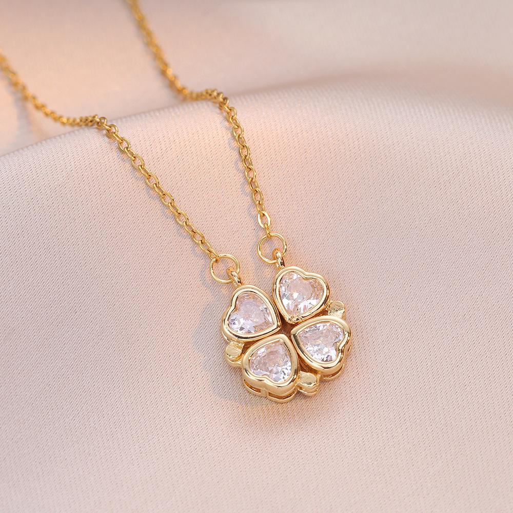 Women's Japanese Korean Folding Fashion Two-Wearing Four-Leaf Flower Heart-to-Heart Clavicle Necklace Zircon Copper Water-Wave