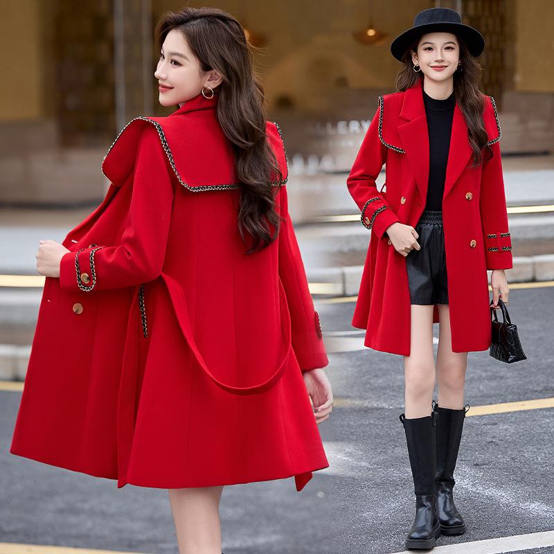 

Женское длинное шерстяное пальто - Корейский стиль, Темперамент, Воротник пиджачного типа, Осень/Зима (HM2868) M (90-110 jin) красный